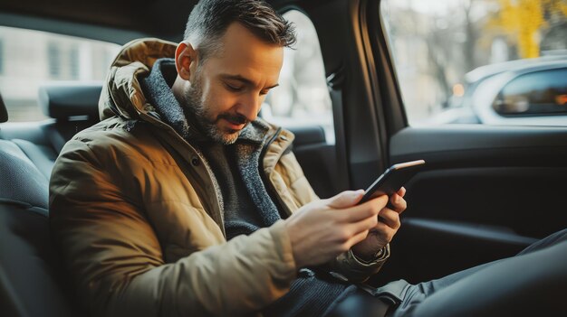 A man in the backseat of a car looking at his phone