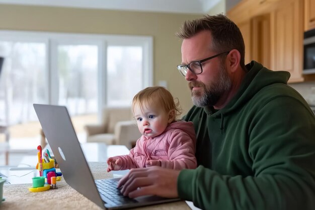 Photo man balancing laptop work while his toddler at home capturing multitasking and focus in family life