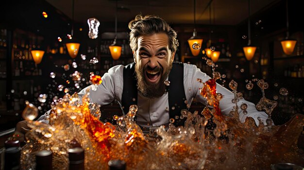 Photo a man in a bar with a glass of champagne and a bottle of champagne