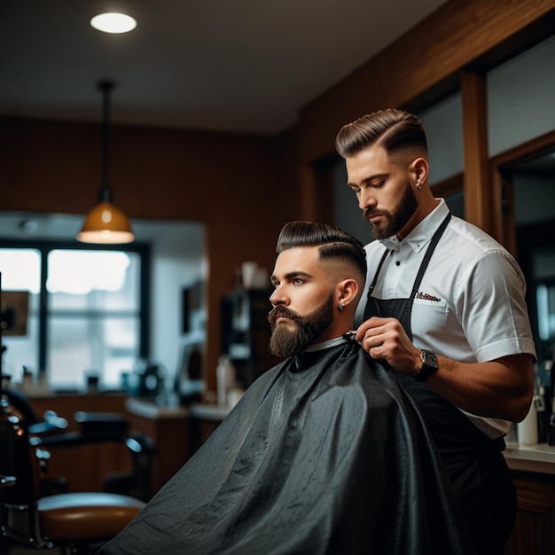 a man in a barber shop has his hair cut