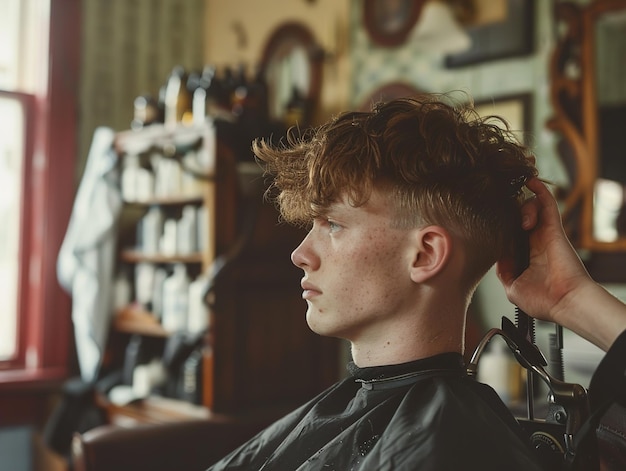 a man in a barber shop has his hair pulled back