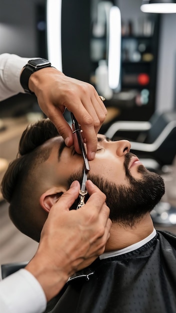 Man at a barbershop salon doing haircut and beard trim