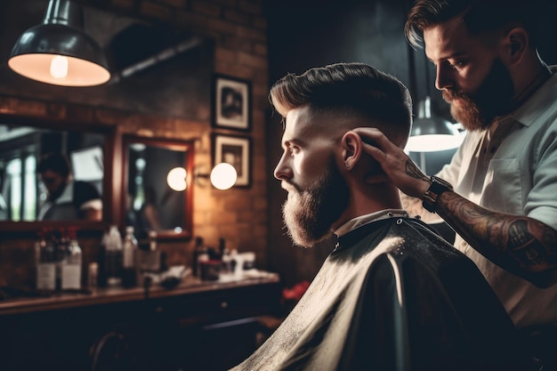 A man in a barbershop with a beard in front of a mirror.