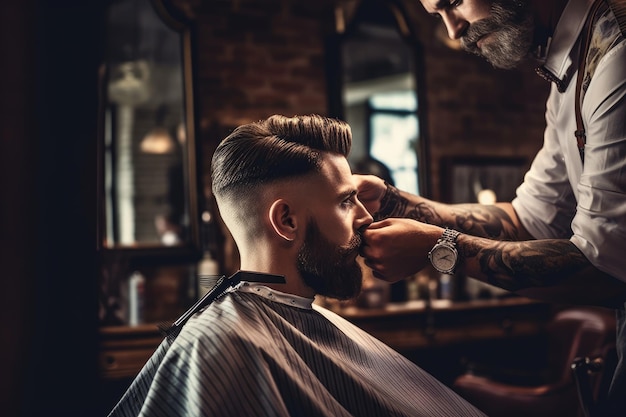 A man in a barbershop with a beard and a watch on his shoulder.