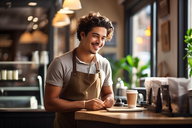 man barista make coffee in cafe bag white bean brew tasty cofee ceramic saucer beans dark