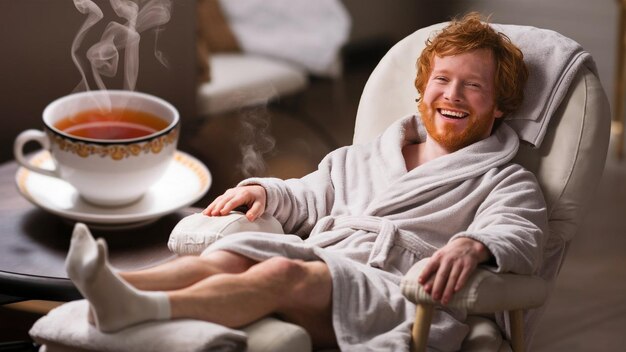 Photo a man in a bathrobe sits in a chair with a bowl of soup and a plate of food