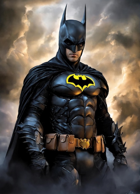 a man in a batman costume stands in a cloudy sky