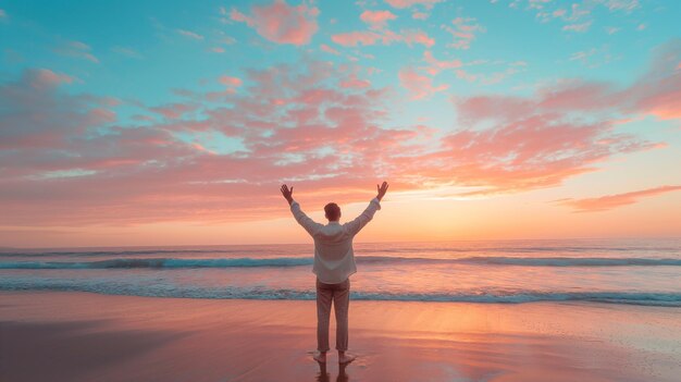 Man on beach arms raised