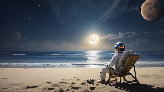 a man in a beach chair sits in front of a full moon