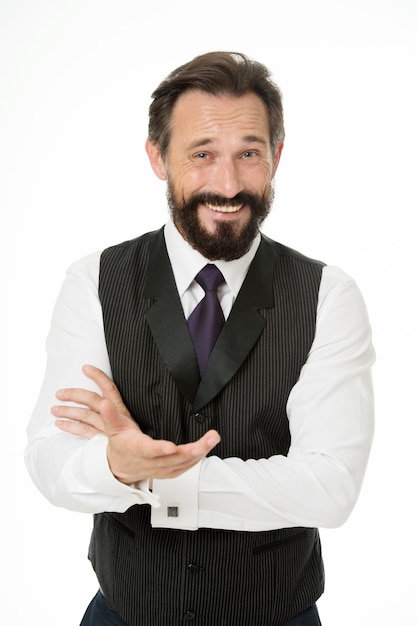 Man bearded cheerful businessman tell unbelievable story isolated white Pleasant communication with businessman Businessman share funny story Amazing business news Can you believe that