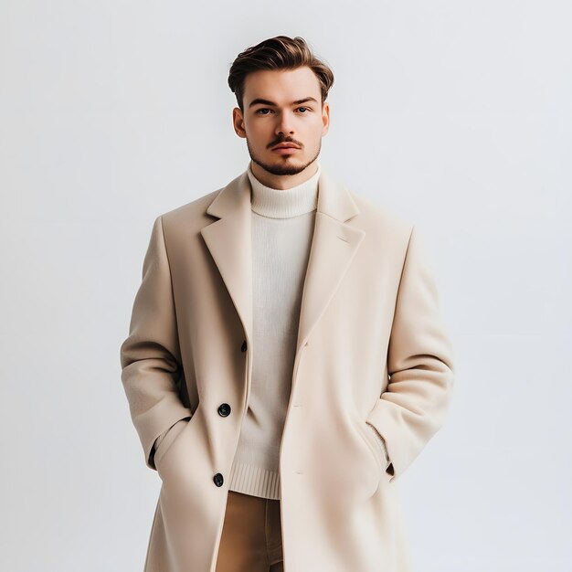 Photo a man in a beige coat stands in front of a white wall