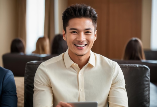 Man in beige shirt smiling at conference professional and attentive audience