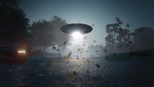 Man being abducted by UFO Alien abduction concept 3d rendering