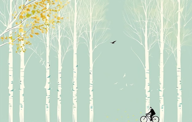 Photo man biking through birch forest with birds pastel green and blue