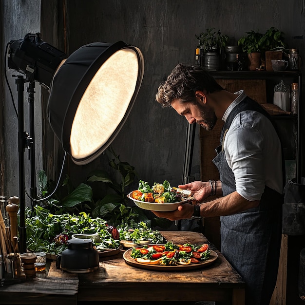 Photo a man in a black apron carefully arranges a plate of salad on a wooden table with a large studio light illuminating the scene