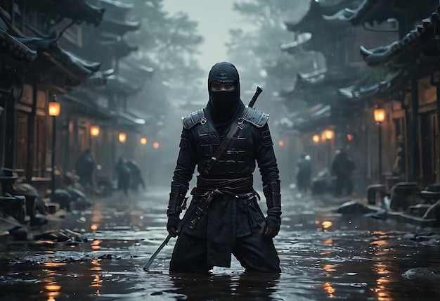 a man in a black armor with a sword in his hand walks through a flooded street