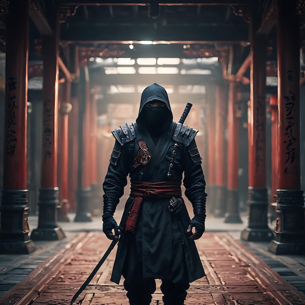 a man in a black armor with a sword in his hand walks through a temple