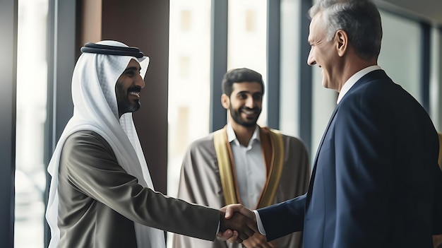 a man in a black and blue suit shakes hands with another man in a gray and black suit both wearing silver glasses in front of a glass window the man in the black