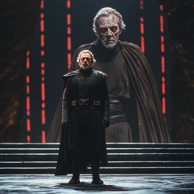 Photo a man in a black cape stands on a stage with a red background