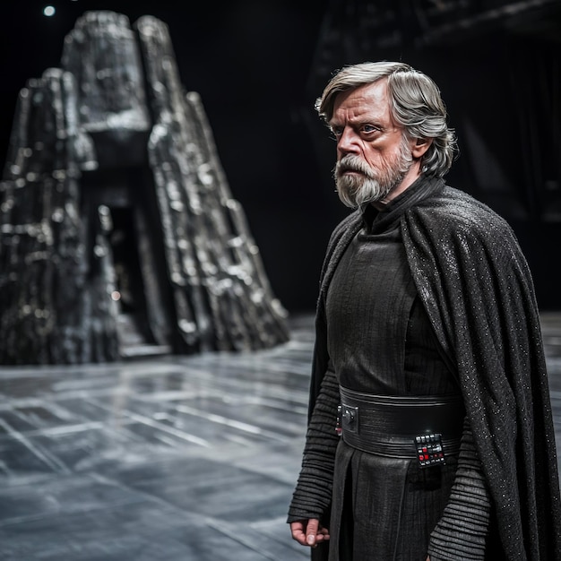 Photo a man in a black cape stands on a stage with a star wars character on it