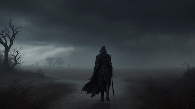 a man in a black cape walks down a path in the rain