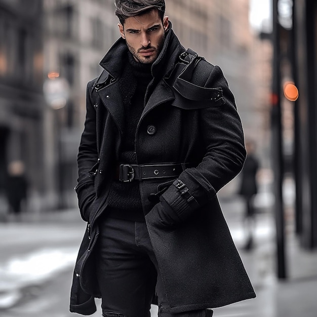 Photo a man in a black coat and a black coat stands on a sidewalk