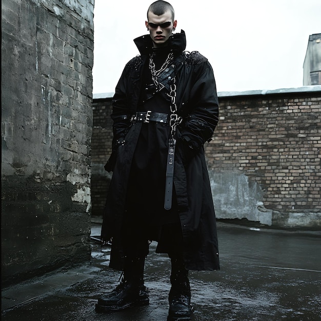 Photo a man in a black coat stands in front of a brick wall