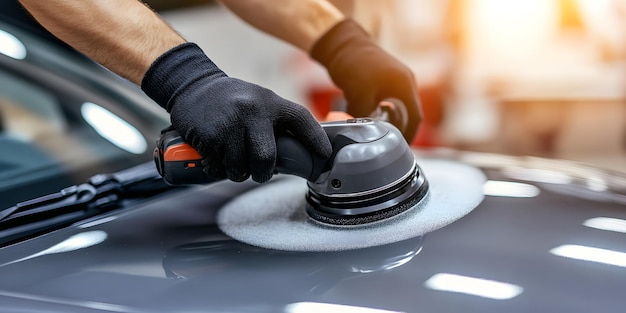 Photo man in black gloves is sanding the car with an electric polishing machine