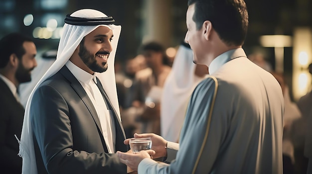 a man in a black and gray suit stands next to a woman in a white dress holding a clear glass the man wears a black tie and has short black hair while the