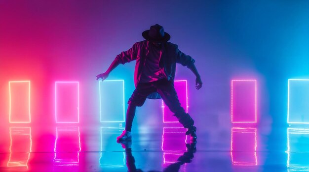 a man in a black hat is standing in front of neon lights