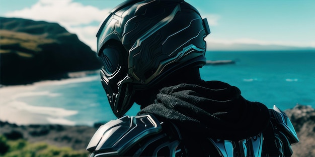 A man in a black helmet stands in front of a beach and the ocean.