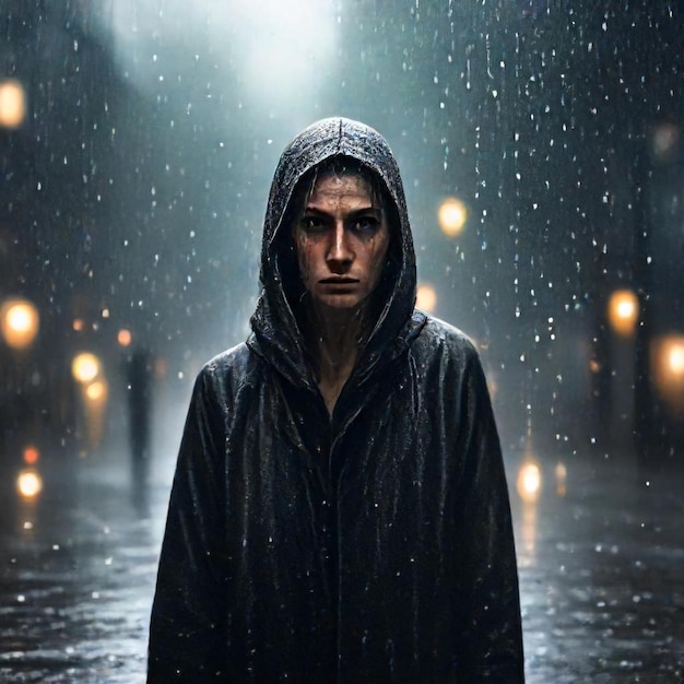 a man in a black hood stands in the rain