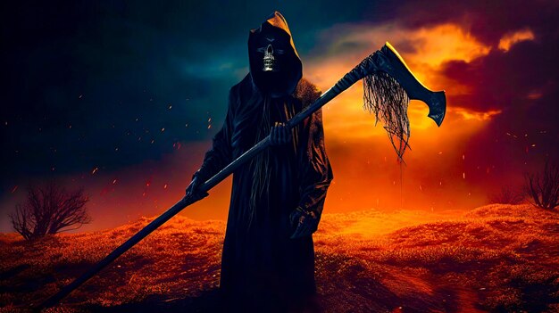 Man in black hooded suit holding long stick in front of orange sky Generative AI