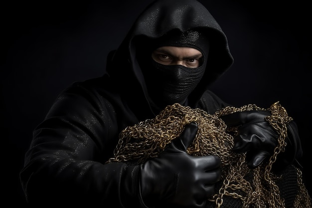 A man in a black hoodie holds a gold chain in his hands