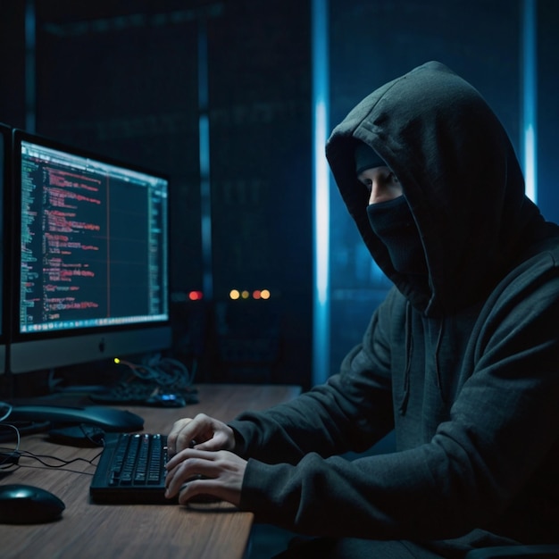 a man in a black hoodie is sitting in front of a computer monitor