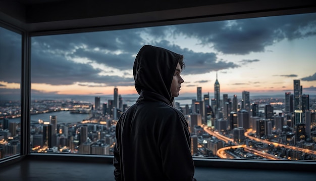 A man in a black hoodie looks out over a city at dusk