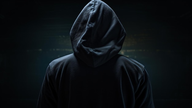 a man in a black hoodie stands in front of a dark background