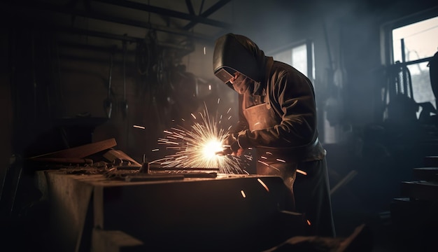 A man in a black hoodie welding a piece of metal generative ai image