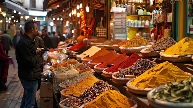 A man in a black jacket and blue jeans is looking at the spices in a market