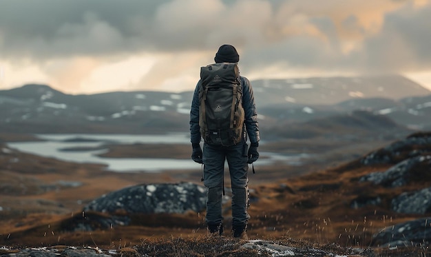 Photo a man in a black jacket is standing on a hill with a backpack and a mountain in the background