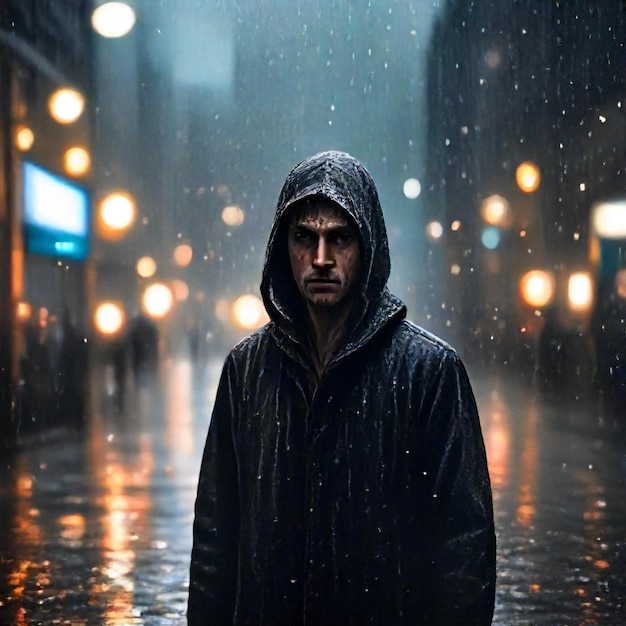 a man in a black jacket is walking in the rain