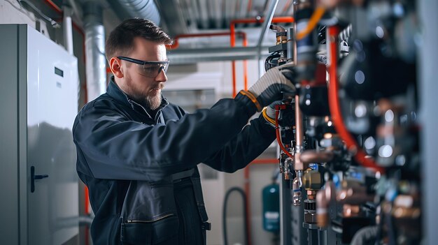 a man in a black jacket is working on a machine with a hose