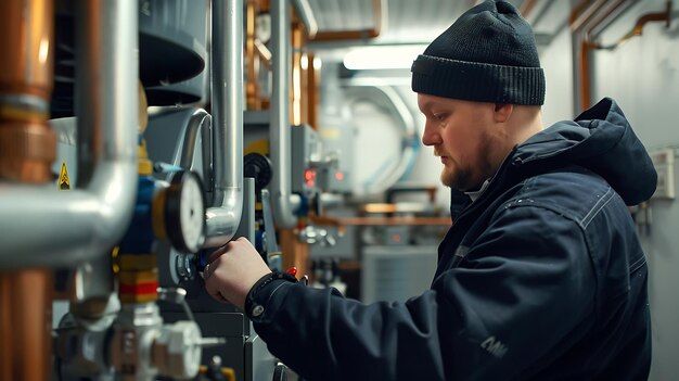 a man in a black jacket is working on a machine with a man working on it