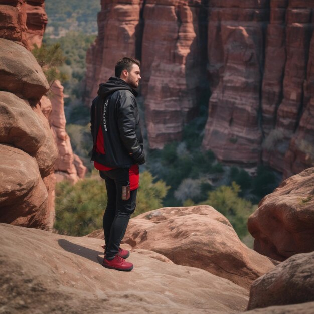 Man in black jacket and red parts standing on brown rock during daytime bgymsjt