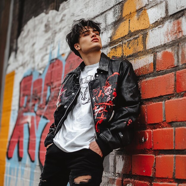 Photo a man in a black jacket and a white shirt is leaning against a brick wall