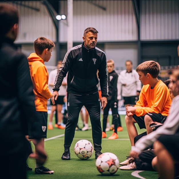 Photo a man in a black jacket with the number 7 on it stands in front of a group of children