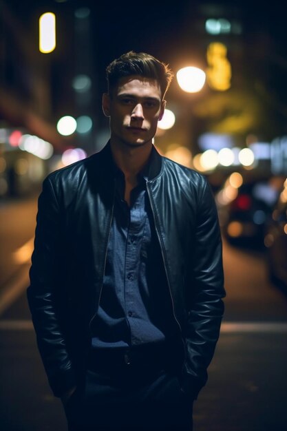 A man in a black leather jacket stands in the street at night.