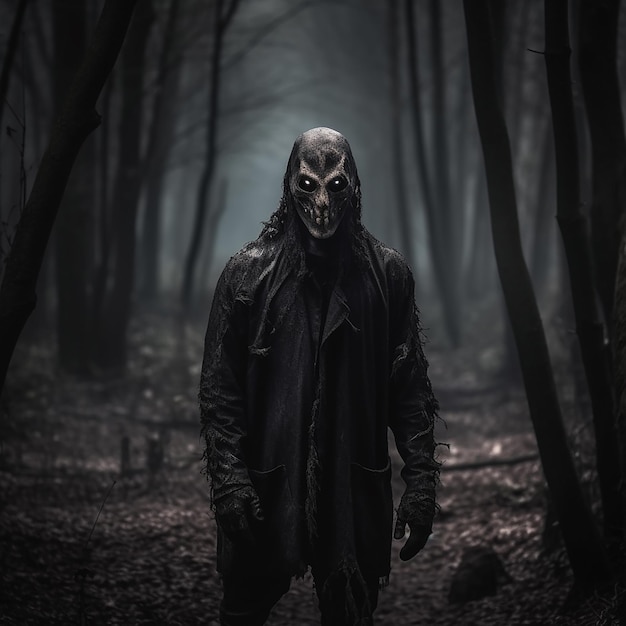 A man in a black mask stands in a dark forest with a light on his face.