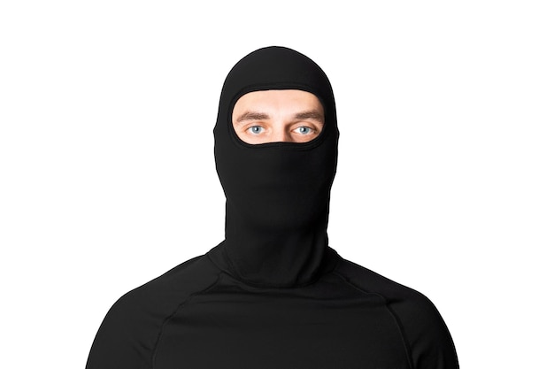 A man in a black mask Thief bandit Isolated on white background Robbery