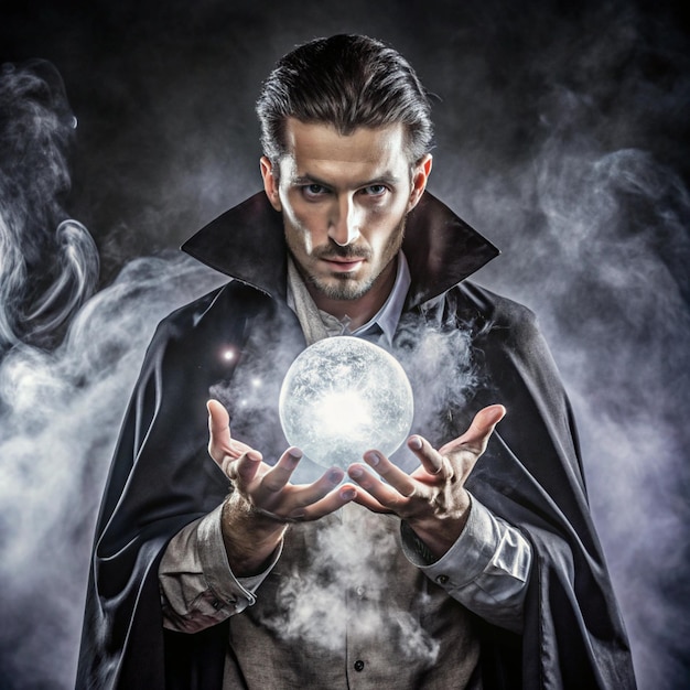 Photo a man in a black robe holds a globe in his hands